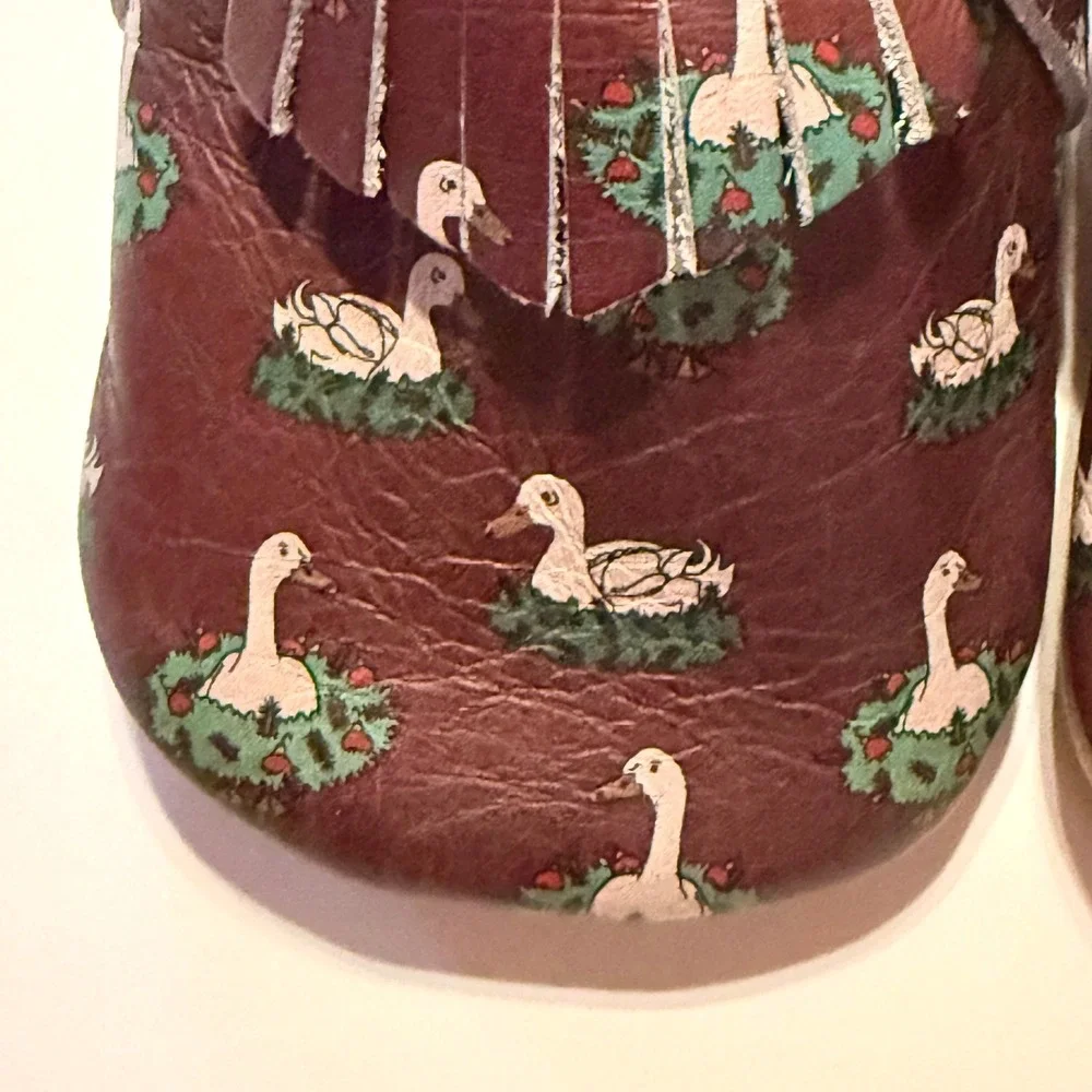 Freshly Picked Leather Goose Print Baby Moccasins 1 Burgundy Whimsical Heirloom